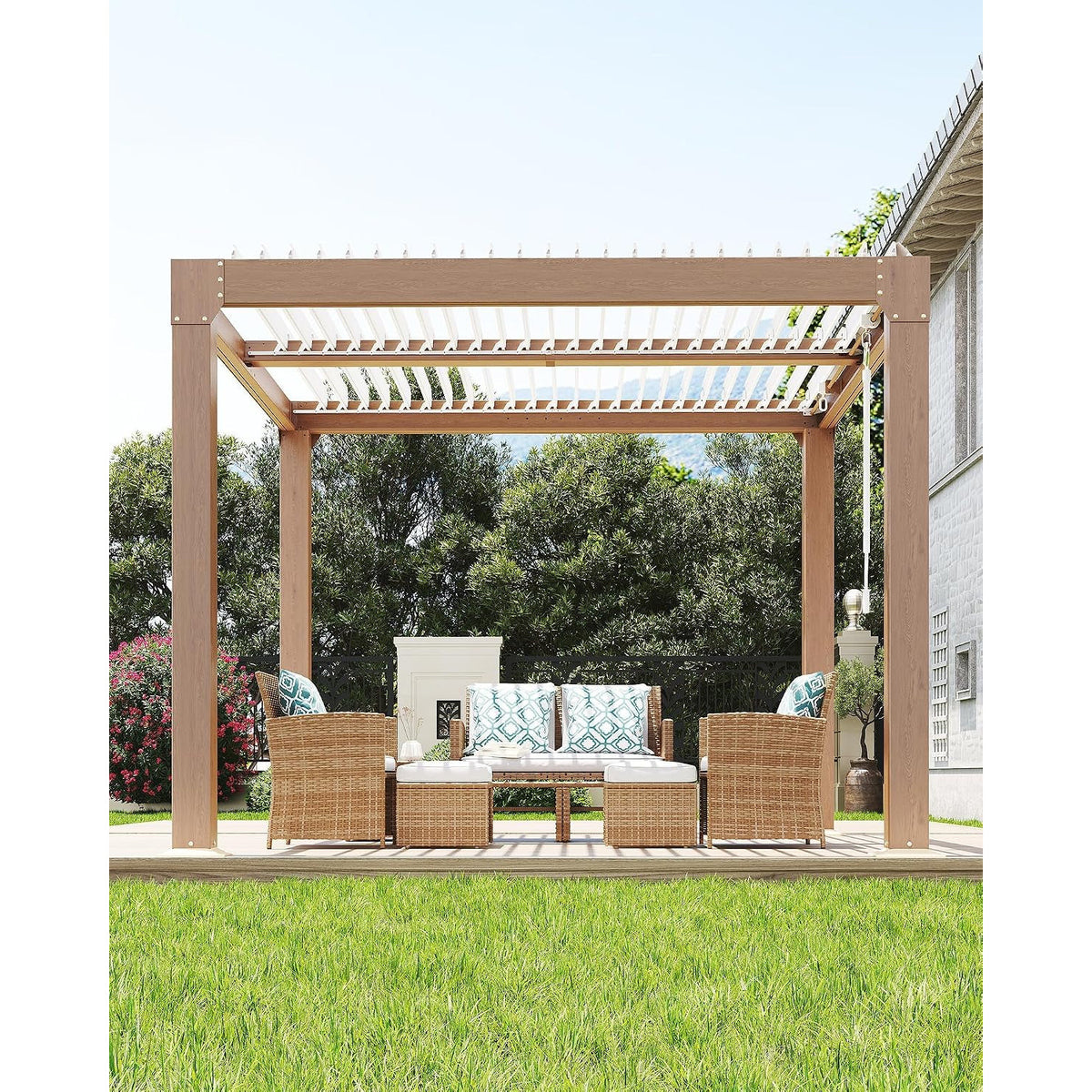 Louvered Pergola 10 Ft X10', Outdoor Pergola with Adjustable Louvered Roof, Reinforced Aluminum Frame, Integrated Drainage System, Hardtop Gazebo for Patio, Deck, Wood Grain