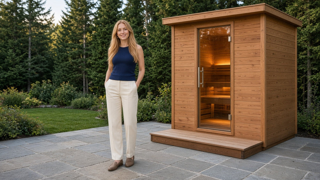 Woman in a navy top on a stone patio beside a wooden outdoor cube sauna