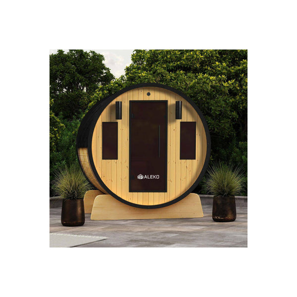 3-Person Capacity Outdoor White Finland Pine Wet/Dry Traditional Barrel Sauna with Black Accents