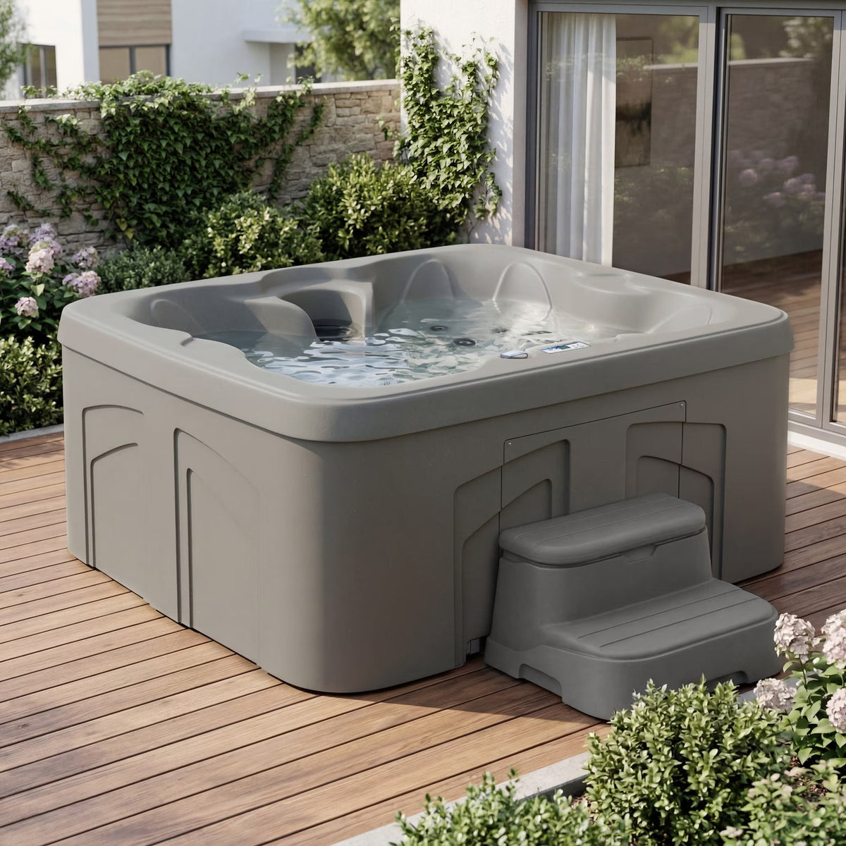 4-Person 13-Jet Plug & Play Square Hot Tub with Thermal Cover, Taupe