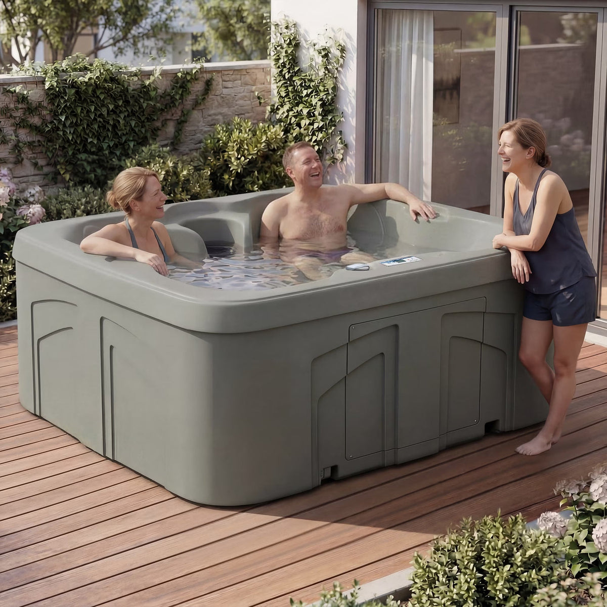 4-Person 13-Jet Plug & Play Square Hot Tub with Thermal Cover, Taupe