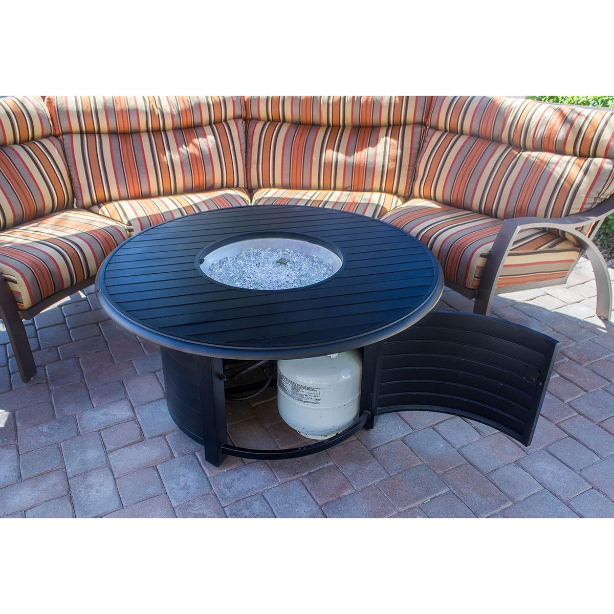 48'' Aluminum round Slatted Top Propane Fire Pit Table with Lid, Clear Fire Glass, Regulator and Hose, 42,000 BTU, Black