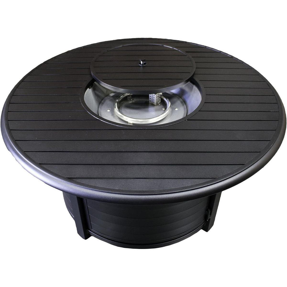 48'' Aluminum round Slatted Top Propane Fire Pit Table with Lid, Clear Fire Glass, Regulator and Hose, 42,000 BTU, Black