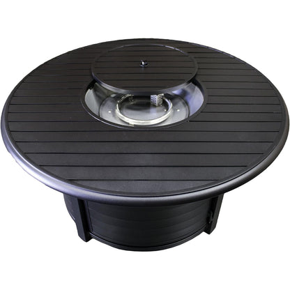 48'' Aluminum round Slatted Top Propane Fire Pit Table with Lid, Clear Fire Glass, Regulator and Hose, 42,000 BTU, Black