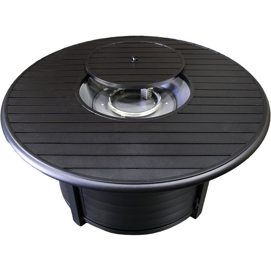 48'' Aluminum round Slatted Top Propane Fire Pit Table with Lid, Clear Fire Glass, Regulator and Hose, 42,000 BTU, Black