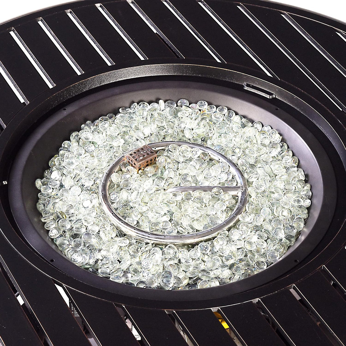 Aluminum 57,0000 BTU 44 In. round Propane Black Fire Pit Table with Fire Beads, Lid, Propane Tank Cover and Table Fabric Covers in Copper Finish