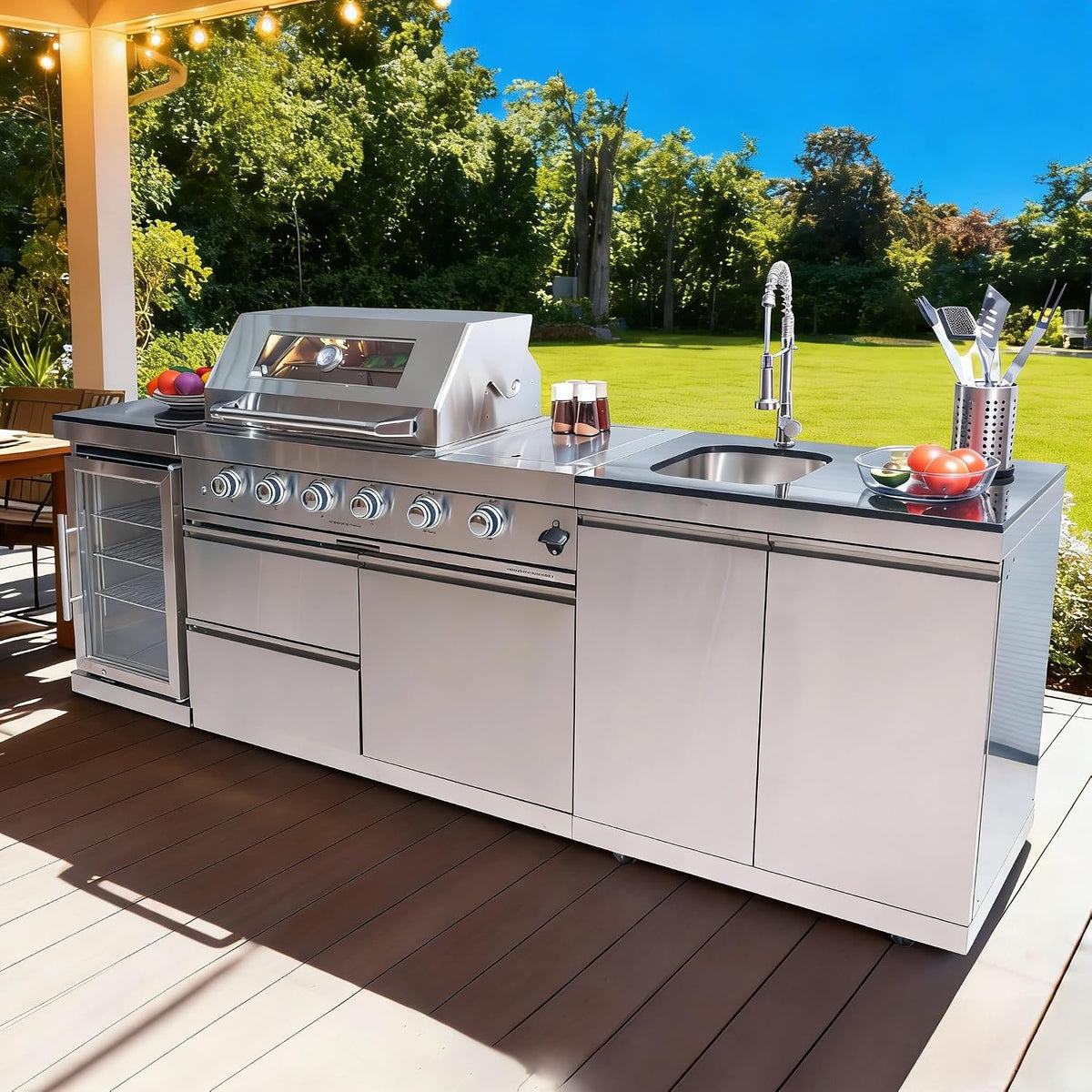 98 Inches Outdoor Kitchen Island, 4-Burner 72000 BTU Propane Stainless Steel BBQ with Side/Rear Burners, with Refrigerator and Sink, Rotisserie, Granite Countertops, Storage, for Backyard BBQ, Silver