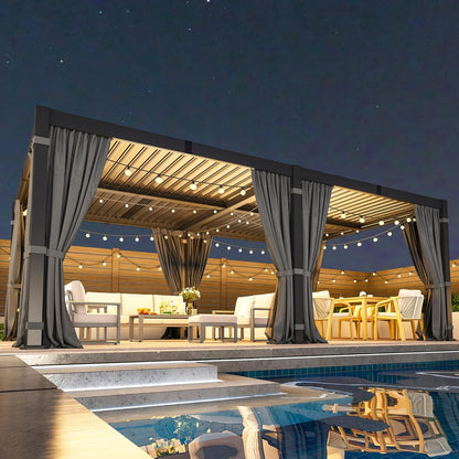 12' X 20' Pergola with Curtain & Adjustable Roof & Aluminum Frame for Patio