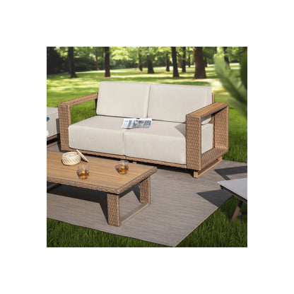 8 Pieces L-Shaped Wicker Patio Furniture Set 8-Seat Outdoor Cushioned Conversation Set, Yellow-Brown & Beige