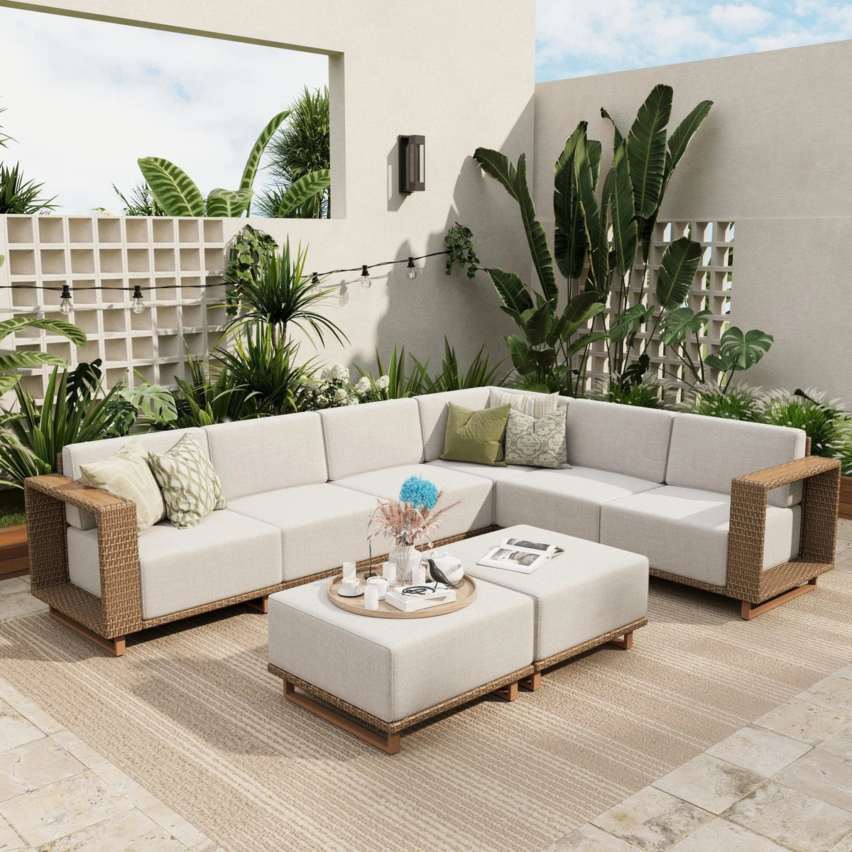 8 Pieces L-Shaped Wicker Patio Furniture Set 8-Seat Outdoor Cushioned Conversation Set, Yellow-Brown & Beige