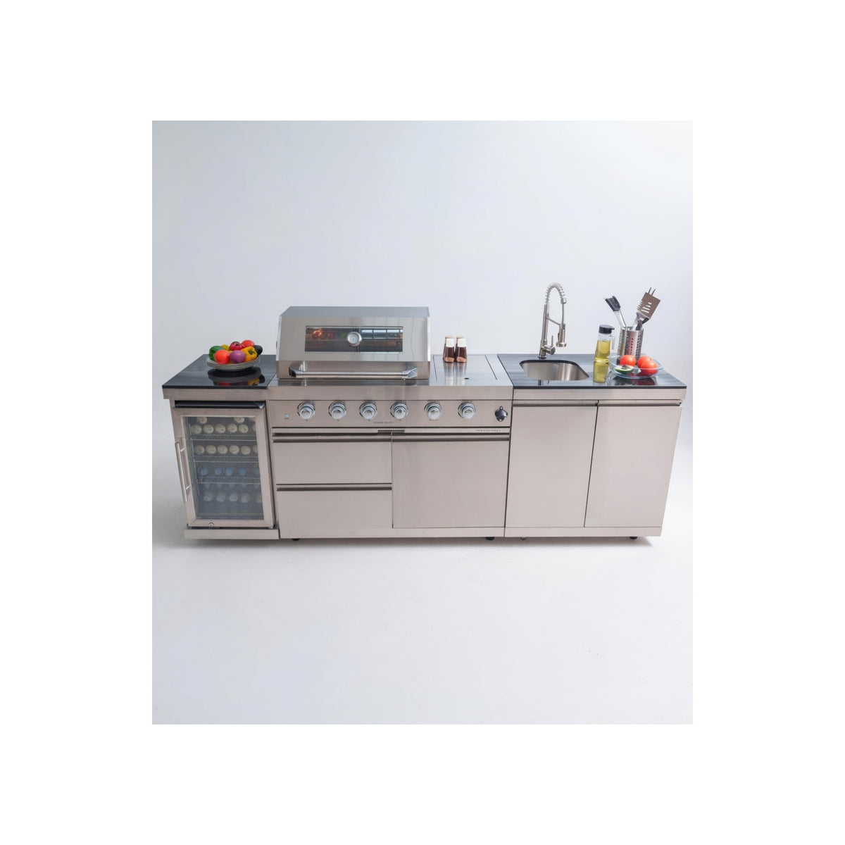 98 Inches Outdoor Kitchen Island, 4-Burner 72000 BTU Propane Stainless Steel BBQ with Side/Rear Burners, with Refrigerator and Sink, Rotisserie, Granite Countertops, Storage, for Backyard BBQ, Silver