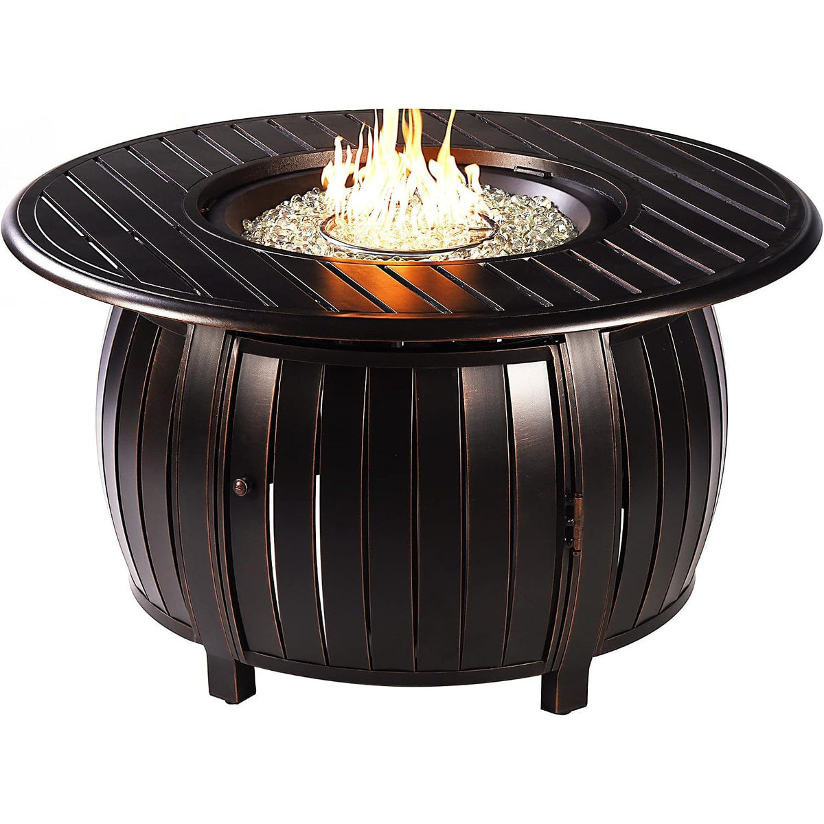 Aluminum 57,0000 BTU 44 In. round Propane Black Fire Pit Table with Fire Beads, Lid, Propane Tank Cover and Table Fabric Covers in Copper Finish