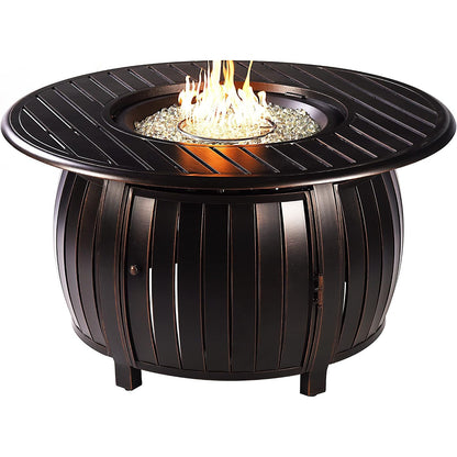 Aluminum 57,0000 BTU 44 In. round Propane Black Fire Pit Table with Fire Beads, Lid, Propane Tank Cover and Table Fabric Covers in Copper Finish
