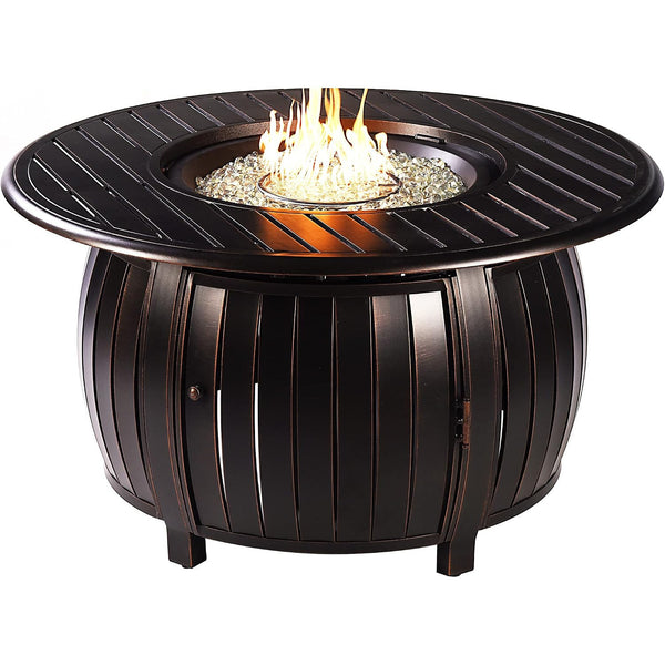 Aluminum 57,0000 BTU 44 In. round Propane Black Fire Pit Table with Fire Beads, Lid, Propane Tank Cover and Table Fabric Covers in Copper Finish
