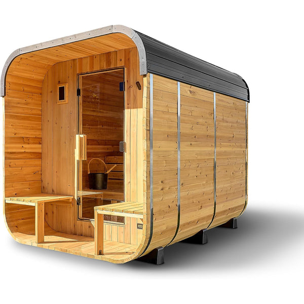 Backyard Discovery Lennon 4-6 Person Traditional Cedar Outdoor Cube Sauna with Porch, Electric Sauna Heater, Sauna Rocks, Dry Heat, Steam Sauna, LED Lights, Wi-Fi Control, Sauna Accessories