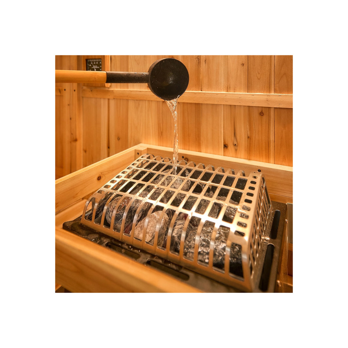 Backyard Discovery Lennon 4-6 Person Traditional Cedar Outdoor Cube Sauna with Porch, Electric Sauna Heater, Sauna Rocks, Dry Heat, Steam Sauna, LED Lights, Wi-Fi Control, Sauna Accessories