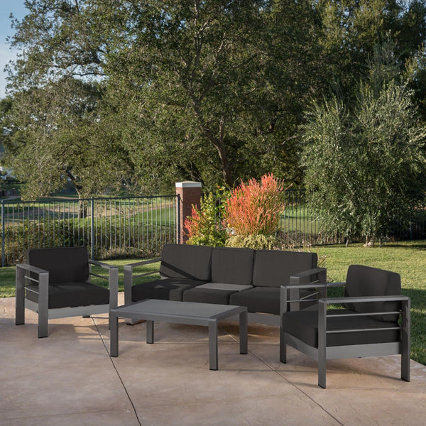 Cape Coral Outdoor Grey Aluminum 4 Piece Sofa Conversation Set with Water Resistant Cushions