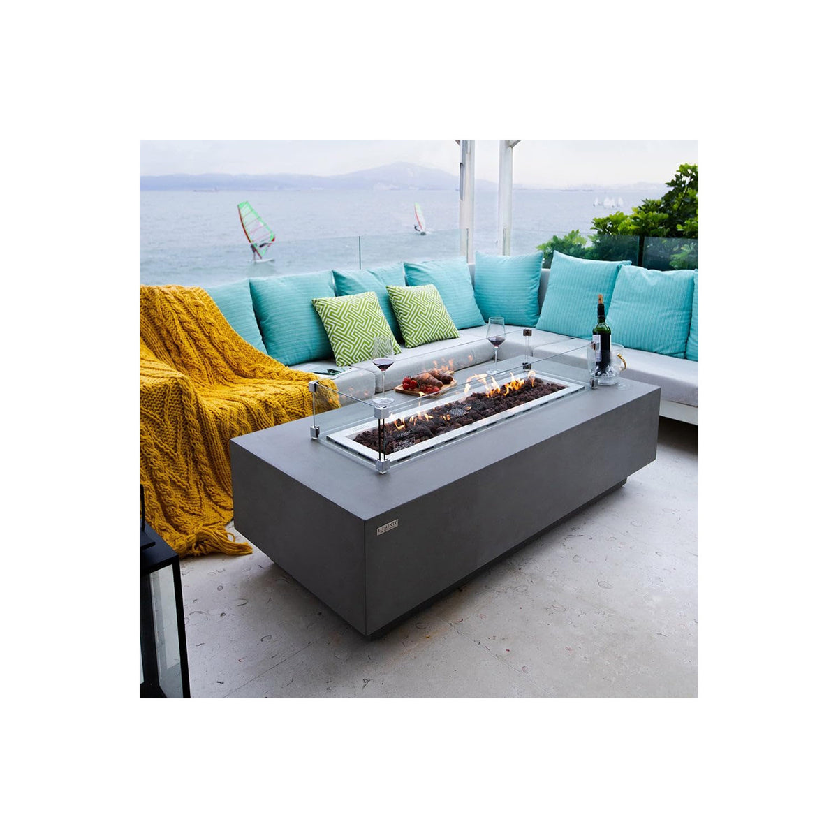 Granville Fire Table Outdoor Fire Pit 60" X 27" Cast Concrete Firepit Includes Lava Rocks 45,000 Btus Outdoor Fireplace for Patio Furniture Set, Deck, Porch, Outdoor Heater - Natural Gas