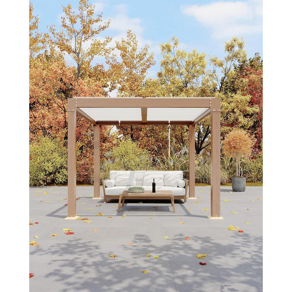 10x10 Ft Louvered Pergola, Adjustable Roof, Aluminum, Wood Grain