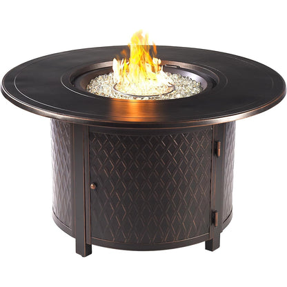 Malibu 44-Inch round 55,000 BTU Cast Aluminum Natural Gas Fire Pit Table with Fire Bowl Lid, Fire Glass Rocks, Protective Cover & 12-Ft Hose | Outdoor Heater & Patio Table Antique Copper