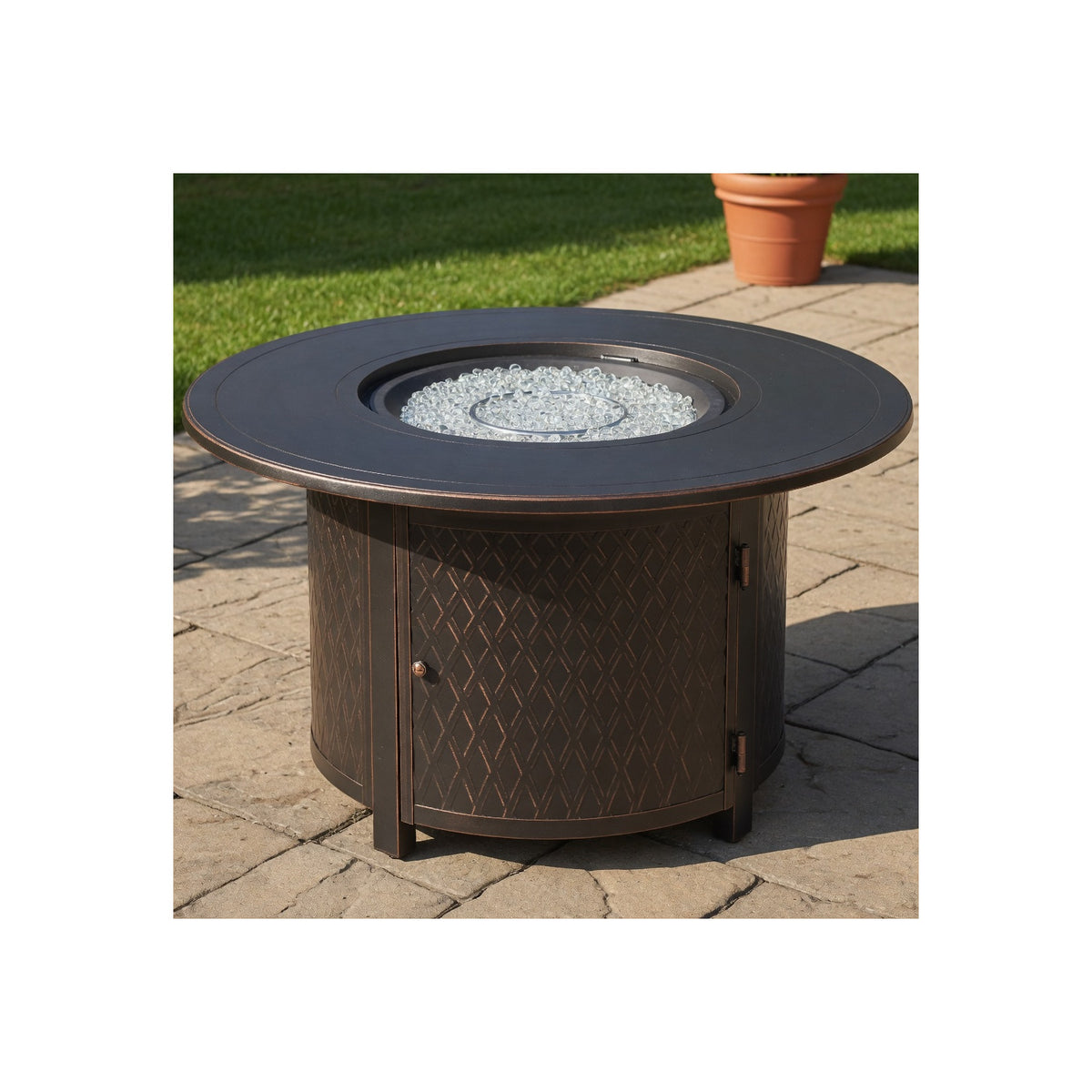 Malibu 44-Inch round 55,000 BTU Cast Aluminum Natural Gas Fire Pit Table with Fire Bowl Lid, Fire Glass Rocks, Protective Cover & 12-Ft Hose | Outdoor Heater & Patio Table Antique Copper
