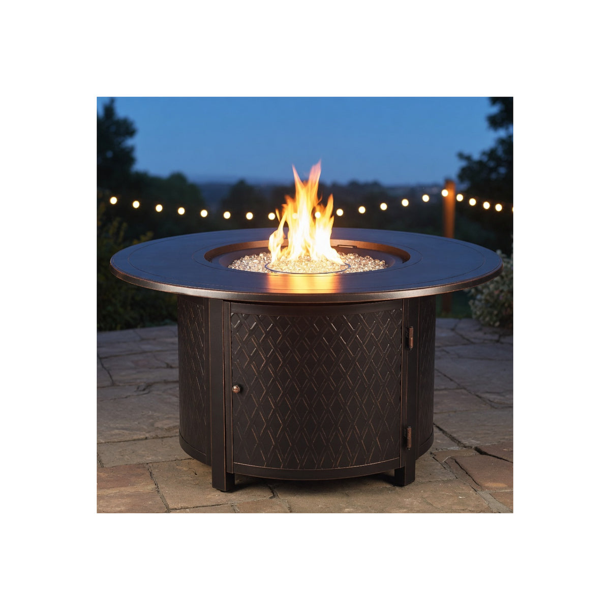 Malibu 44-Inch round 55,000 BTU Cast Aluminum Natural Gas Fire Pit Table with Fire Bowl Lid, Fire Glass Rocks, Protective Cover & 12-Ft Hose | Outdoor Heater & Patio Table Antique Copper