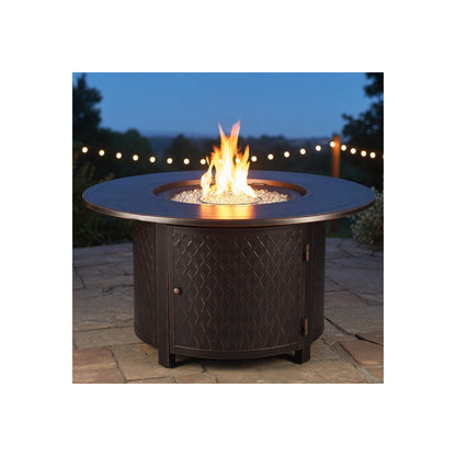 Malibu 44-Inch round 55,000 BTU Cast Aluminum Natural Gas Fire Pit Table with Fire Bowl Lid, Fire Glass Rocks, Protective Cover & 12-Ft Hose | Outdoor Heater & Patio Table Antique Copper