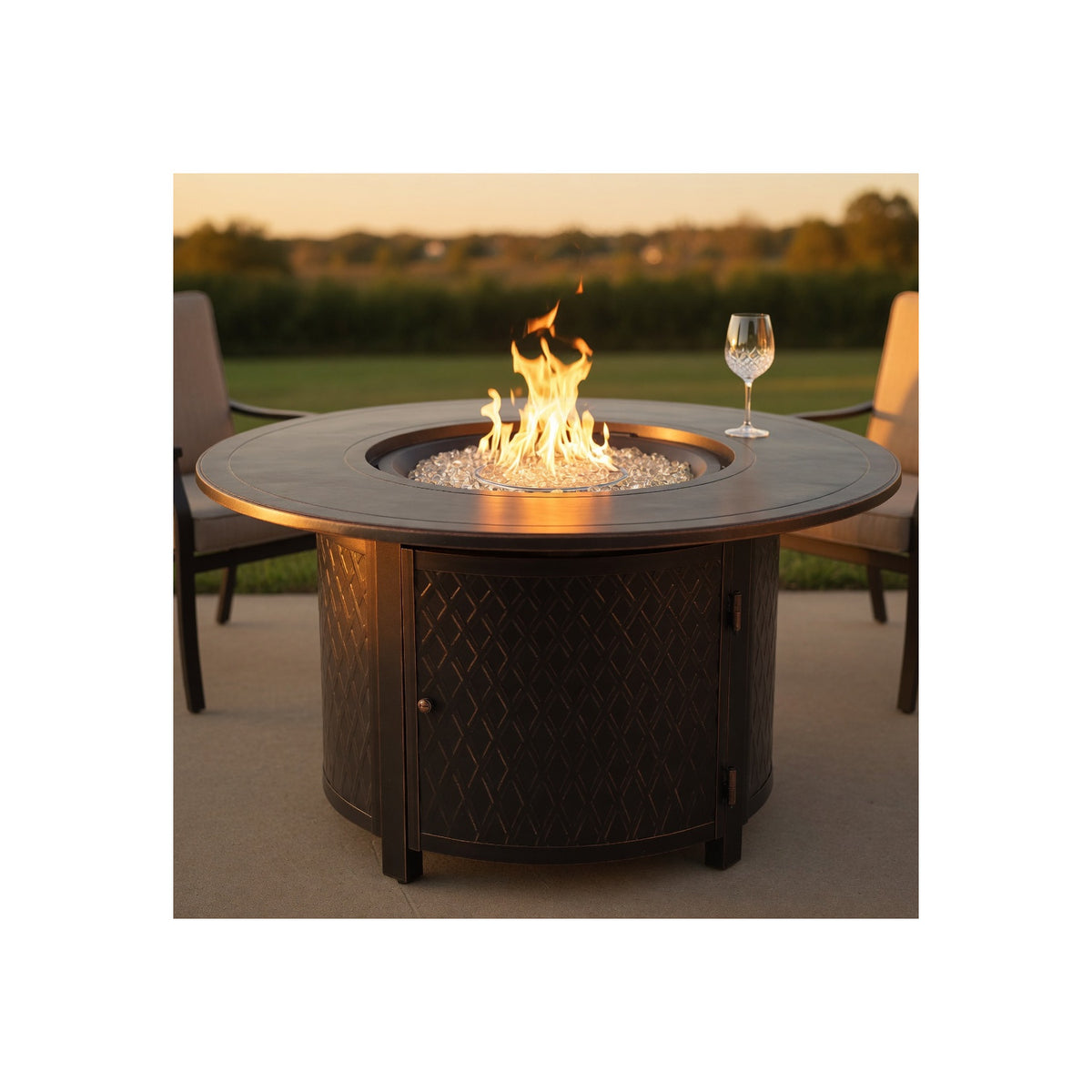 Malibu 44-Inch round 55,000 BTU Cast Aluminum Natural Gas Fire Pit Table with Fire Bowl Lid, Fire Glass Rocks, Protective Cover & 12-Ft Hose | Outdoor Heater & Patio Table Antique Copper