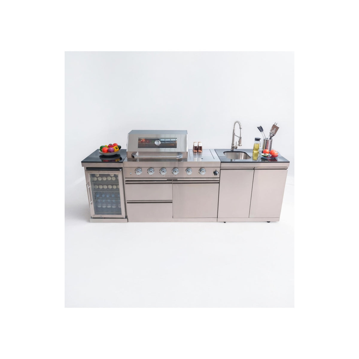 Modular Outdoor Kitchen BBQ Island, 104" Outdoor Kitchen Propane Gas Island Grill with Sink, Compact Refrigerator, Storage Cabinets, Rotisserie Kit (Silver, 104")