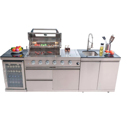 104-inch 4-Burner Island, Silver, Sink and Fridge