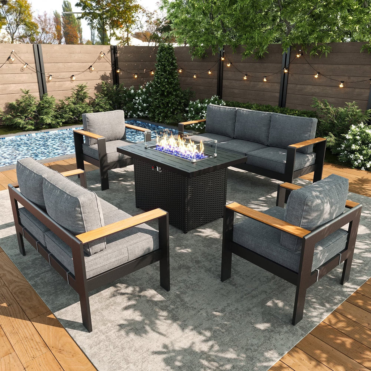 Outdoor Aluminum Furniture Set with Fire Pit Table, Modern Patio Conversation Sets for Porch, Backyard