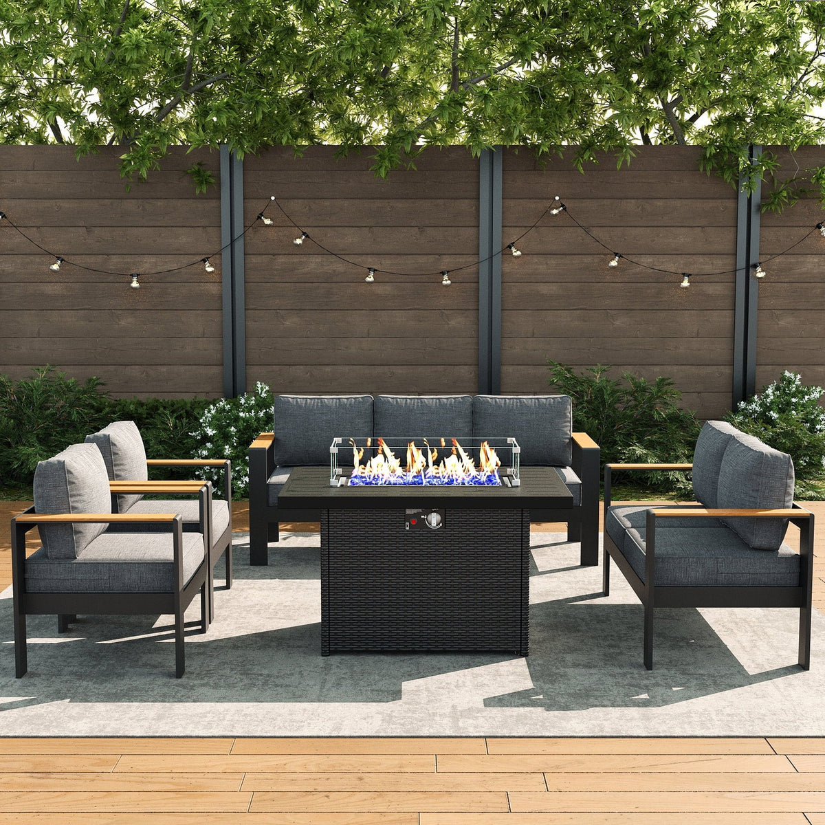 Outdoor Aluminum Furniture Set with Fire Pit Table, Modern Patio Conversation Sets for Porch, Backyard