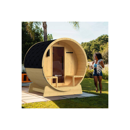 Outdoor Indoor Finland Pine Wet Dry Barrel Sauna 3-5 Person Front Porch Canopy 4.5 Kw ETL Certified Bitumen Shingle Roof