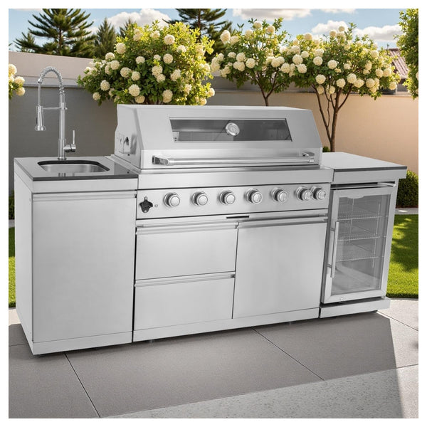 Outdoor Kitchen Island 85" 6-Burner 85000 BTU Deluxe Modular BBQ Island - Grill Islands W/Wine Cooler, Built in Combo outside Island + Rotisserie & Granite Top Outdoor Grill