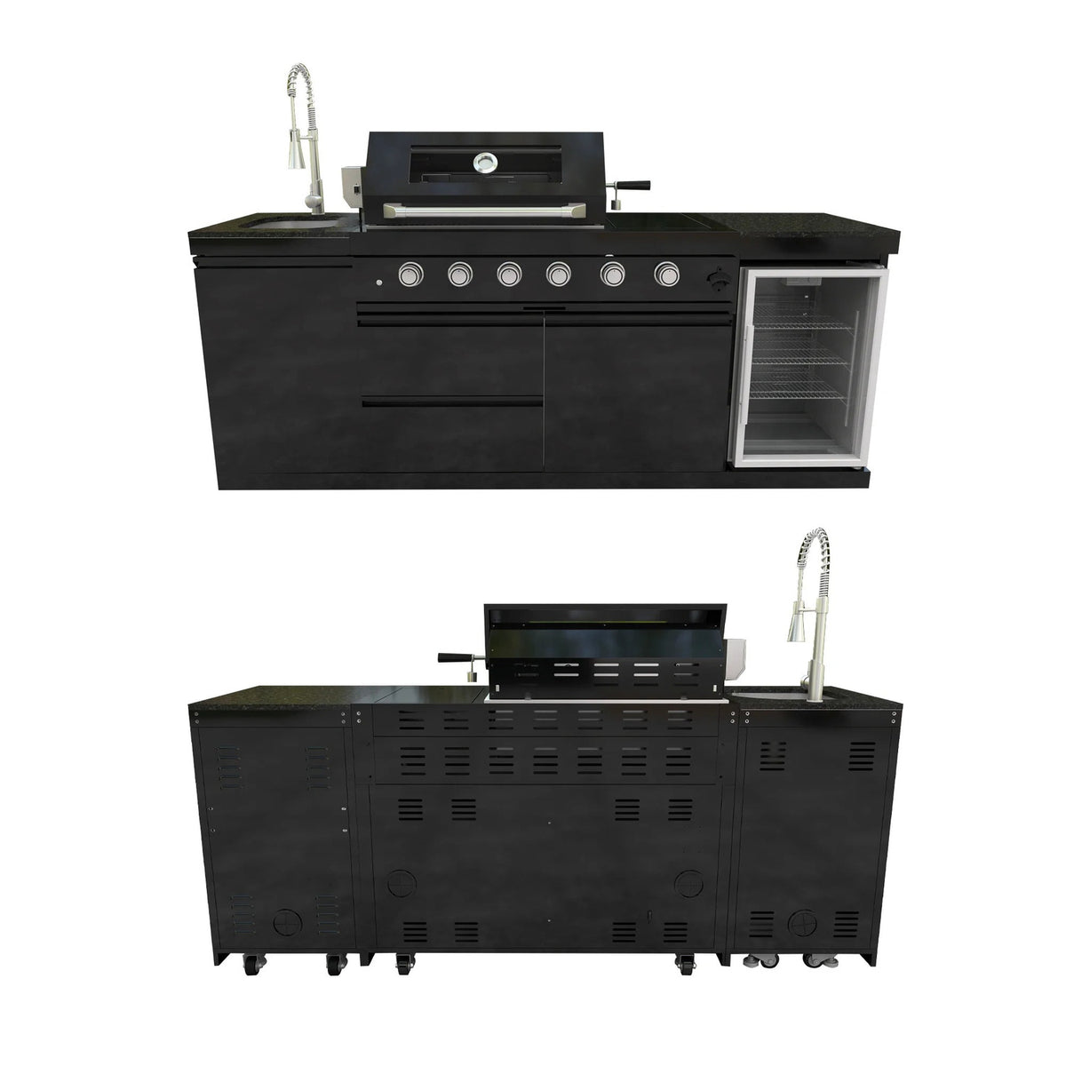 Outdoor Kitchen Island Black Stainless Steel with Sink & 46-Inch 4-Burner 72000 BTU Grill, Wine Cooler, Refrigerator, Rotisserie Kit & Granite Countertops