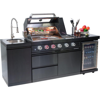 Outdoor Kitchen Island Gas Grill System 4 Burner BBQ Island with Rotisserie Kit, Integrated Sink, Wine Cooler & Granite Countertop