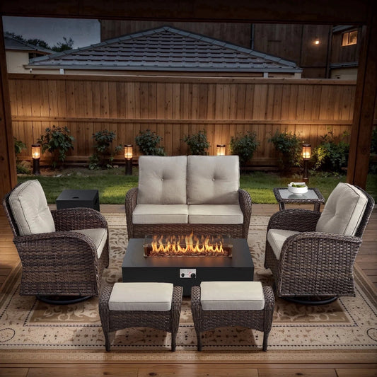 Patio Furniture Sets with Fire Pit, Brown Wicker Patio Furniture with Glider Loveseat, Patio Swivel Glider Chair, Propane Firepit Table, 7-Piece Outdoor Conversation Set for Deck in Beige