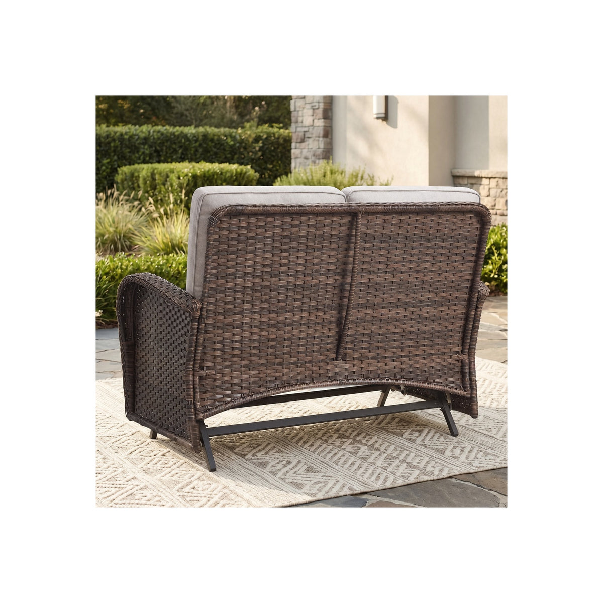 Patio Furniture Sets with Fire Pit, Brown Wicker Patio Furniture with Glider Loveseat, Patio Swivel Glider Chair, Propane Firepit Table, 7-Piece Outdoor Conversation Set for Deck in Beige