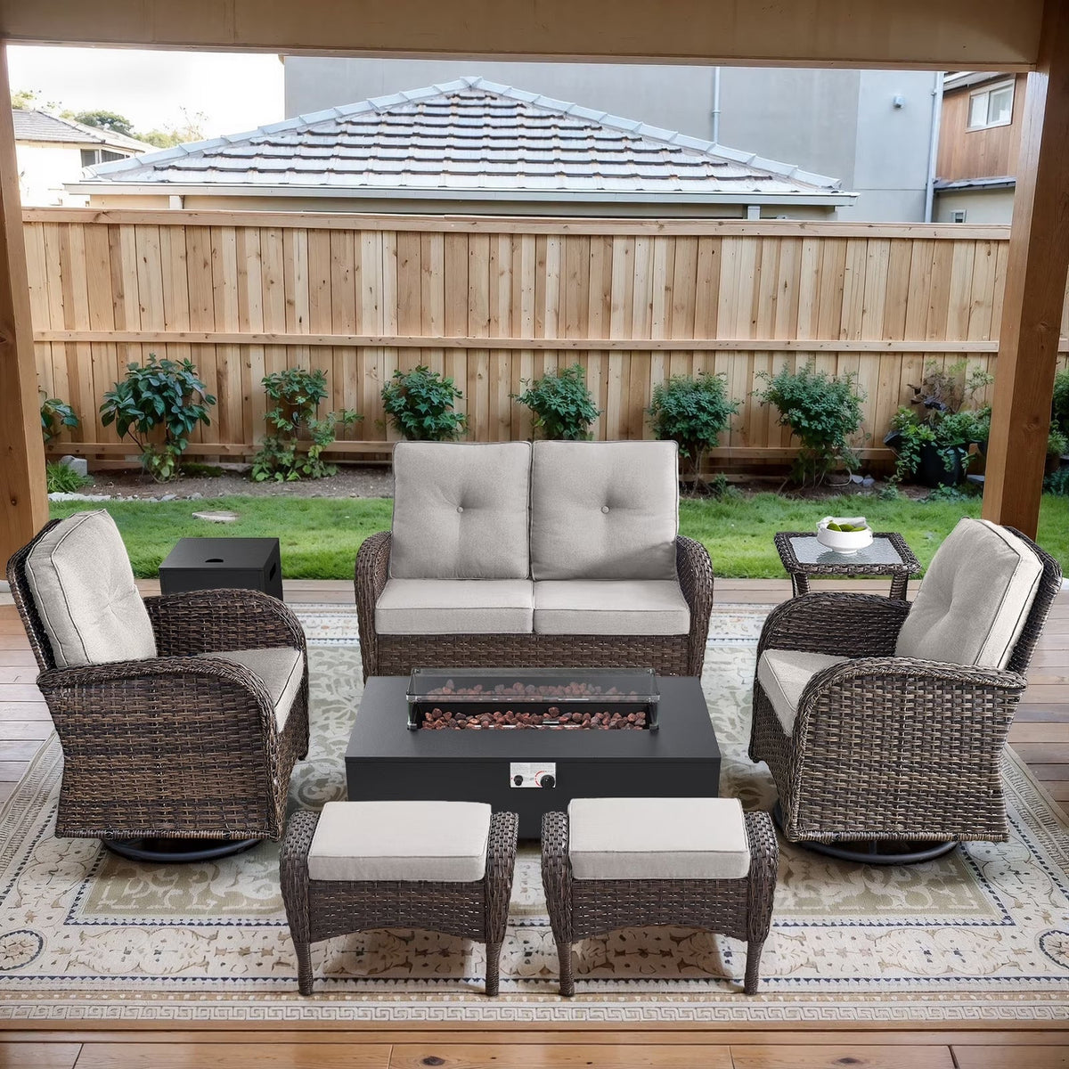 Patio Furniture Sets with Fire Pit, Brown Wicker Patio Furniture with Glider Loveseat, Patio Swivel Glider Chair, Propane Firepit Table, 7-Piece Outdoor Conversation Set for Deck in Beige