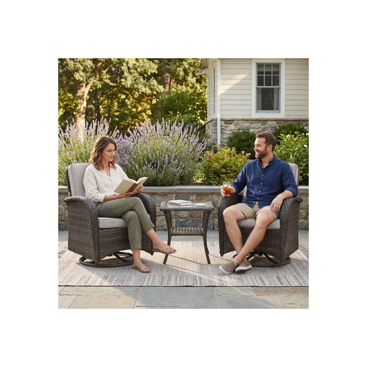 Patio Furniture Sets with Fire Pit, Brown Wicker Patio Furniture with Glider Loveseat, Patio Swivel Glider Chair, Propane Firepit Table, 7-Piece Outdoor Conversation Set for Deck in Beige