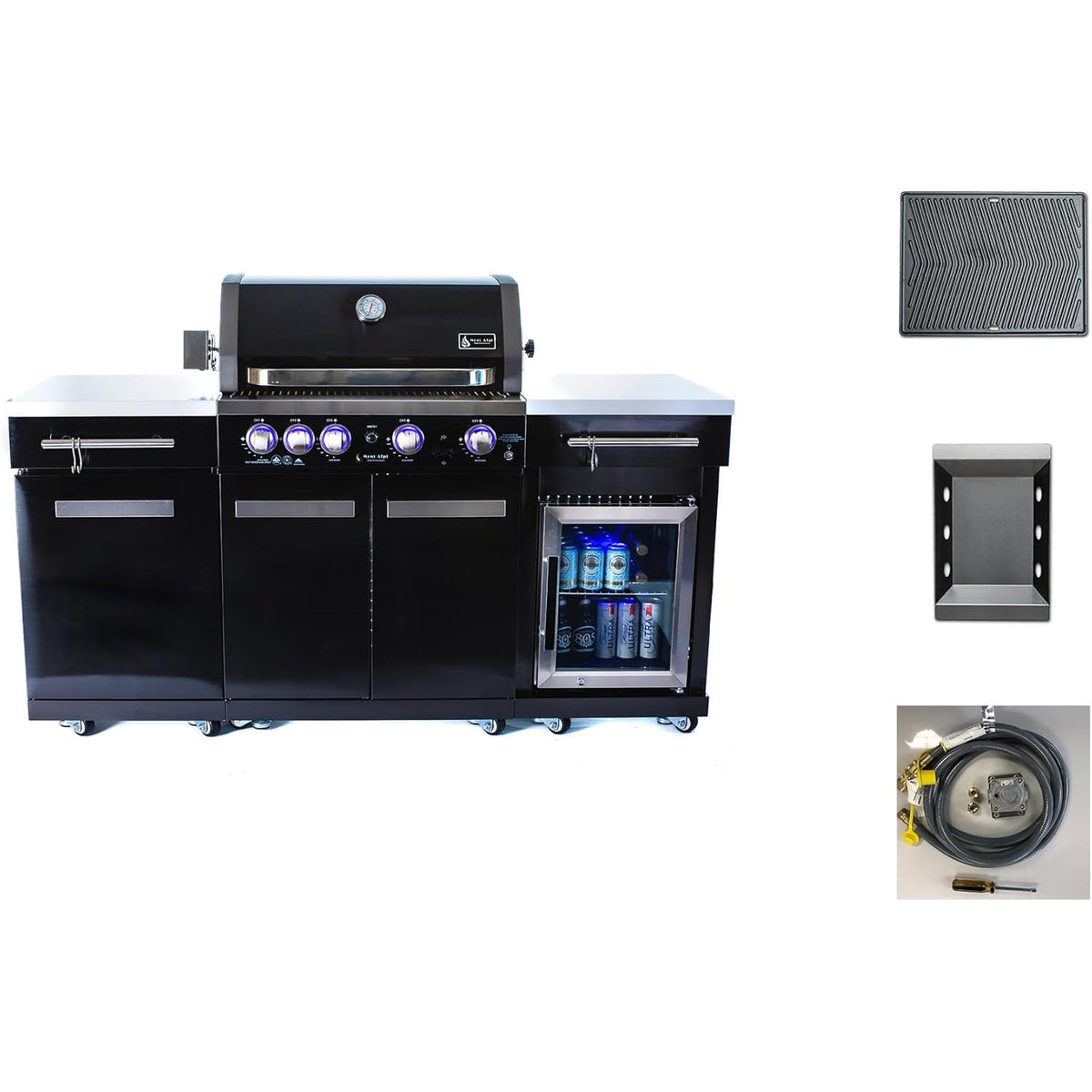 Premium 70"W Black Stainless Steel Outdoor Kitchen Island BBQ Gas Grill with Compact Refrigerator & Rotisserie Burner + Dual Sided Griddle Plate + Charcoal Tray + Natural Gas Conversion Kit