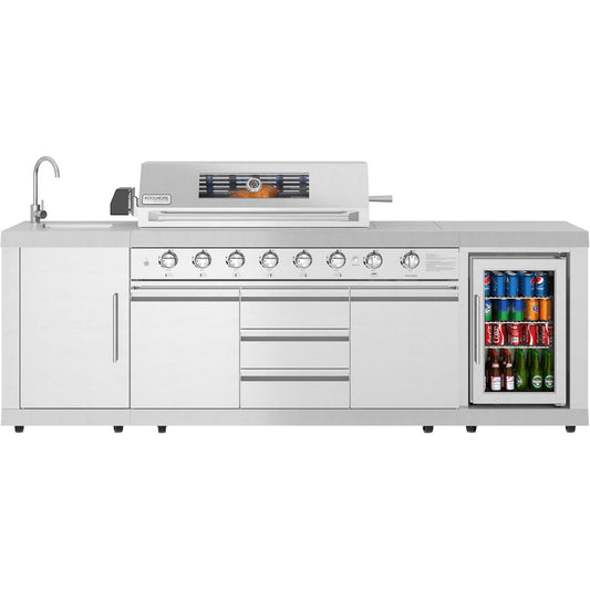 Reserve Outdoor Kitchen Island with 6 Burner Grill and a Side Burner, Sink, Storage Cabinet and Beverage Refrigerator, CSA Listed in Stainless-Steel